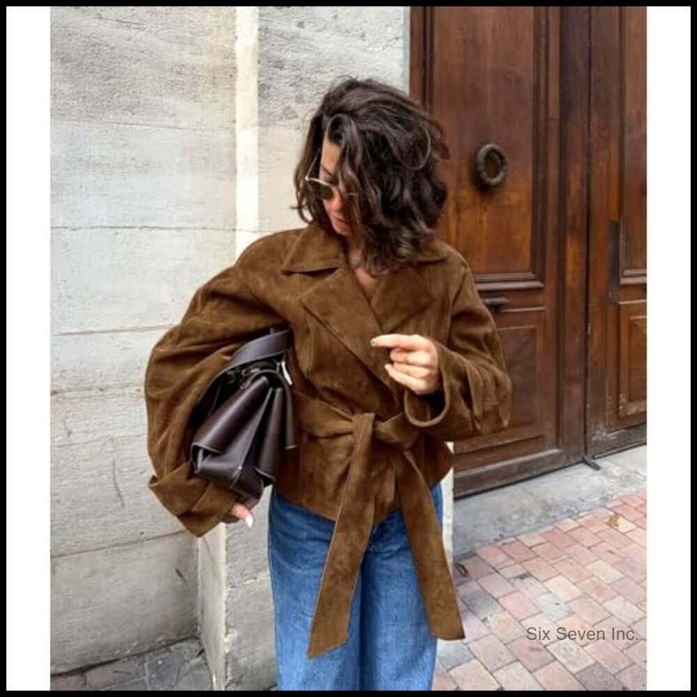 Faux Suede Collar Moto Jacket Long Sleeve Oversized Casual Fit Coat - Picture 2 of 5